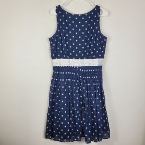 Talbots Polka Dot Dress Womens Size 14P Pleated Ribbon Waist Sleeveless Preppy